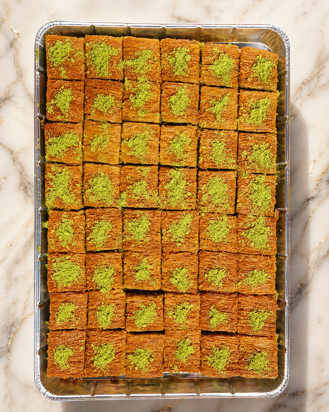 Baklava with green pistachio filling in a metal tray on a marble surface